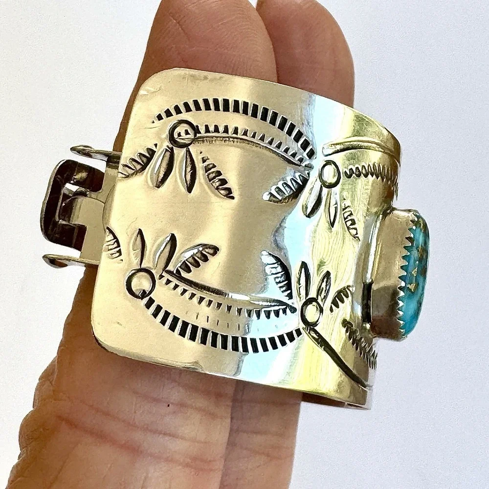 Navajo Hair Clip Turquoise Ponytail Tie Hand Stamped‎ Sterling Ornament